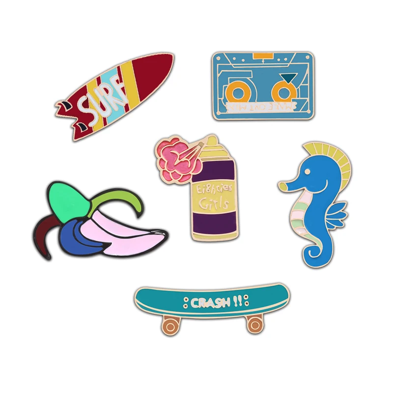 

Fashion Pins And Brooches Charm Women Perfume Enamel Pin Buckle Sea Horse Skateboard Surfboard Tape Banana Badge For Men Jewelry