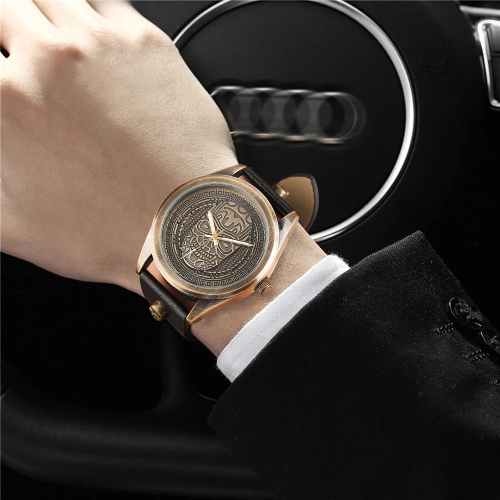 Bronze Retro Steampunk Skeleton Men's Watches Creative Skull Head Dial Vintage Quartz Clock Genuine Leather Band Punk WristWatch (38)