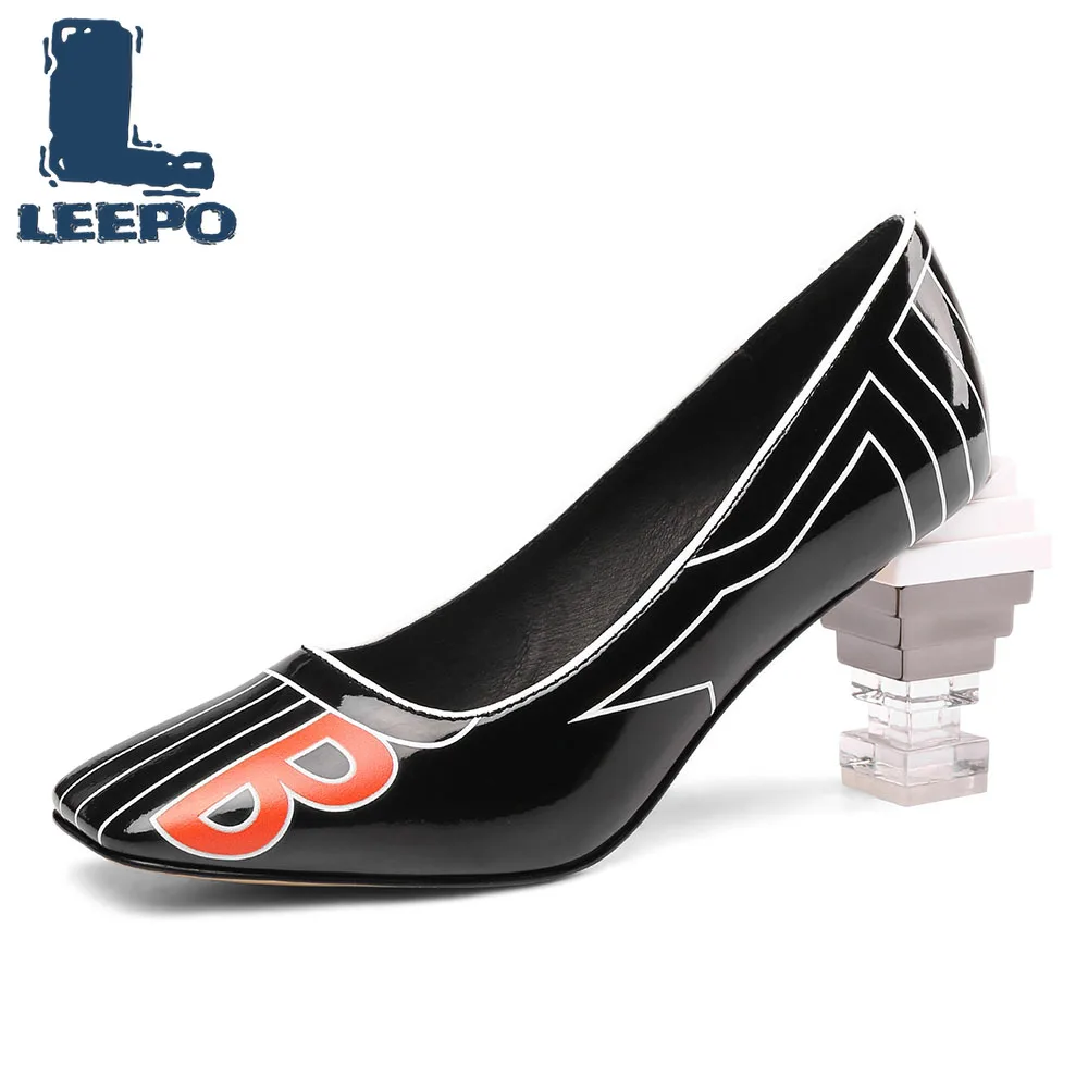 

LEEPO Shoes Woman Brand High Heels Ladies Luxury Designer Black Pumps Women Square Toe Strange Crystal Heels Female Large Pumps