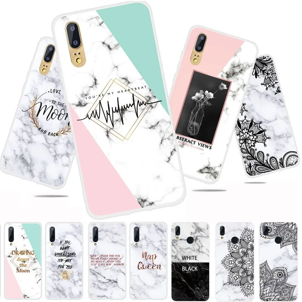 

White Marble Letter Flower Phone Case For Huawei Y3 Y5 Y6 Y7 Y9 Pro Prime 2017 2018 P Smart Plus 2019 Soft TPU Back Covers
