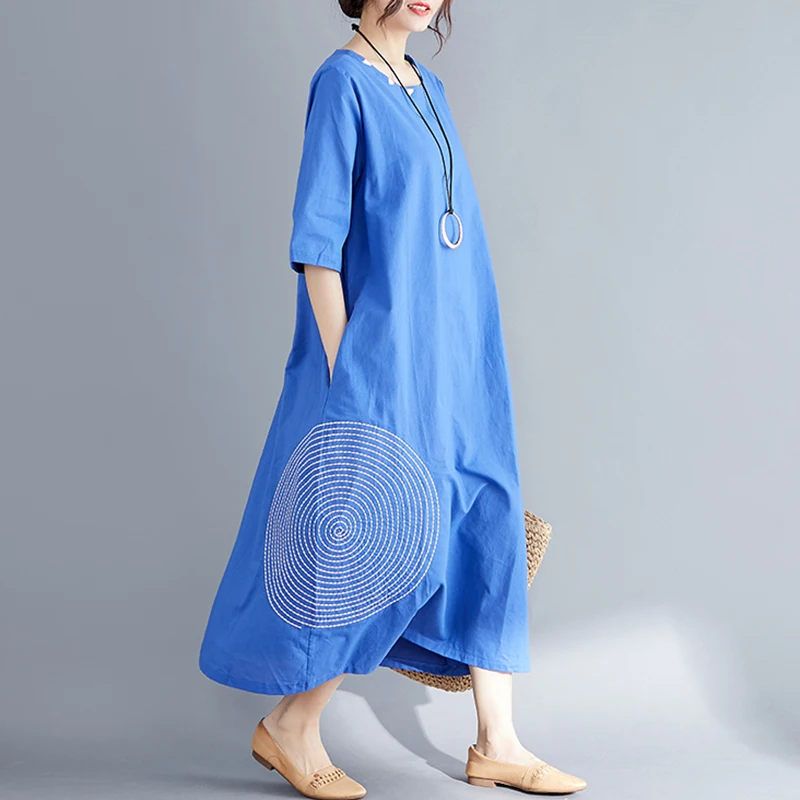 EaseHut, женское этническое платье, Круглый Круг, вышивка, половина рукава, о-образный вырез, карманы, свободное, мешковатое, негабаритный халат, винтажные длинные платья