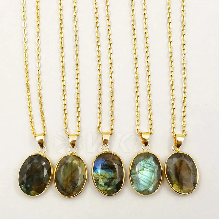 

WT-N971 Wholesale Custom Elegant Jewelry Natural Labradorite Stone Round Pendant Necklace With Gold Chain 5pcs/lot For Jewelry