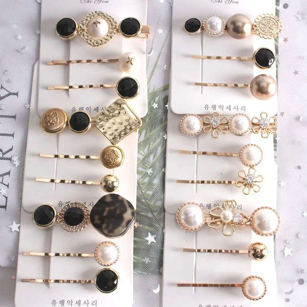 3PCS Hot Korea Chic Alloy Metal Hair Clips Pearls Hairpins Geometric Flower Barrett Women Hair Accessories Gold Color Hairgrip