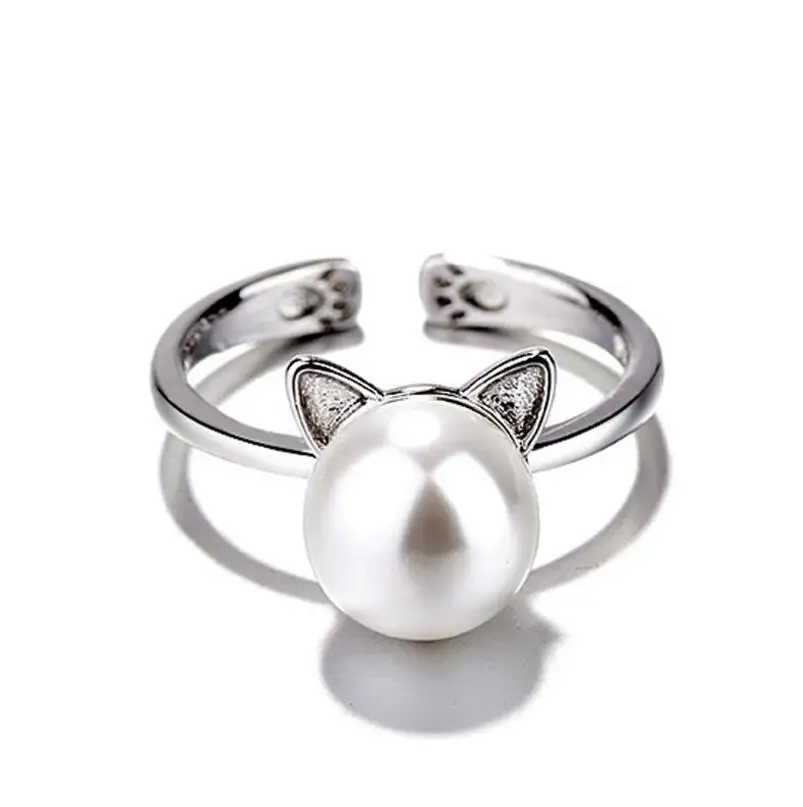 

New Design Silver Color Cat Ear Ring Cute Fashion Jewelry Adjustable Imitation Pearl Cat Paw Ring For Women Girl Christmas Gift