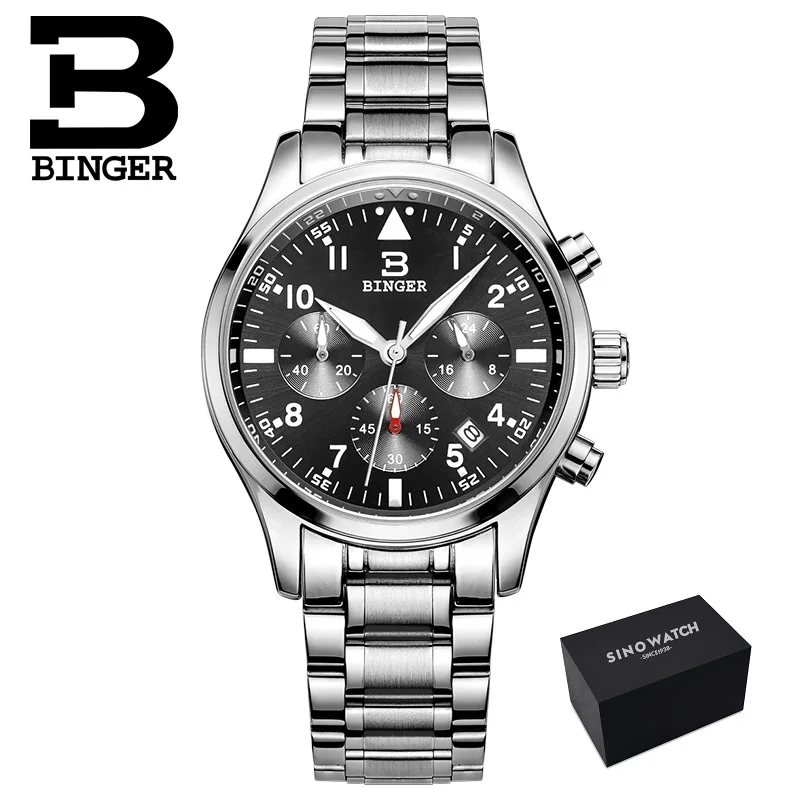 Швейцарские BINGER мужские часы люксовый бренд Кварцевые водонепроницаемые полностью из нержавеющей стали хронограф секундомер наручные часы B9202-2 - Цвет: 12SSB PLUS-Original