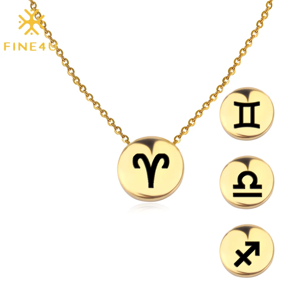 

FINE4U N256 Stainless Steel Engraved Zodiac Signs Pendants Necklaces Gold Color Chain Necklace Trendy Cute Tiny Coins Jewelry