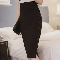 Бесплатная доставка Для женщин мода Bodycon юбка средней длины Высокое качество, Большие размеры низкая цена кнопки разрез пикантные женские