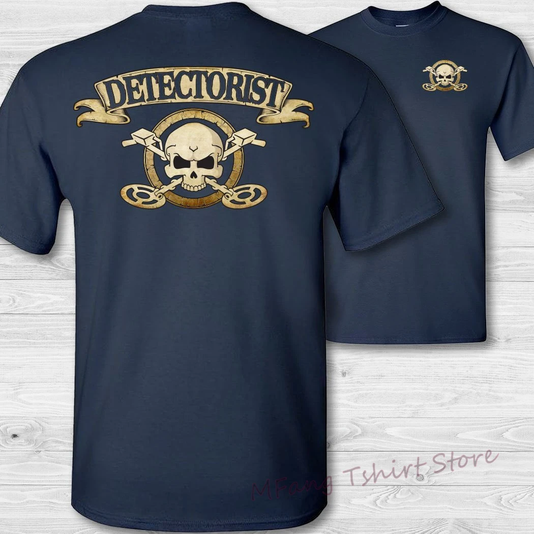 

Men detectorist skull & crossbones t-shirt Metal detector short sleeve tee shirt Treasure hunter 2 sided cotton badge shirt