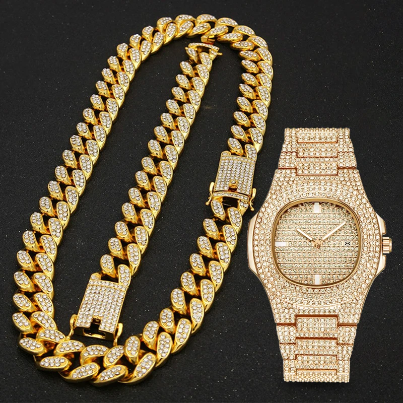 

Hip Hop Gold Color Cuban Chain Gold Silver Necklace and Bracelet Set luxury combination