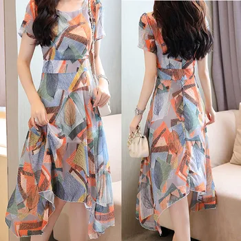 

Fashion Women dress vestidos Irregular Short Sleeve designer dresses O-Neck Knee Length Printing Dress jurken zomer 2019