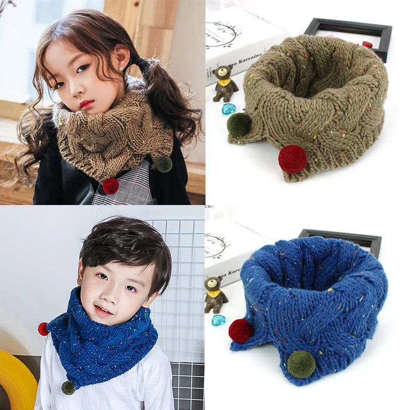

Colorful Knitted Baby Scarf Bibs Lovely Pompom Winter Warm Scarves Girls Boys Kids Knit Wool Boys O Ring Neck Collar