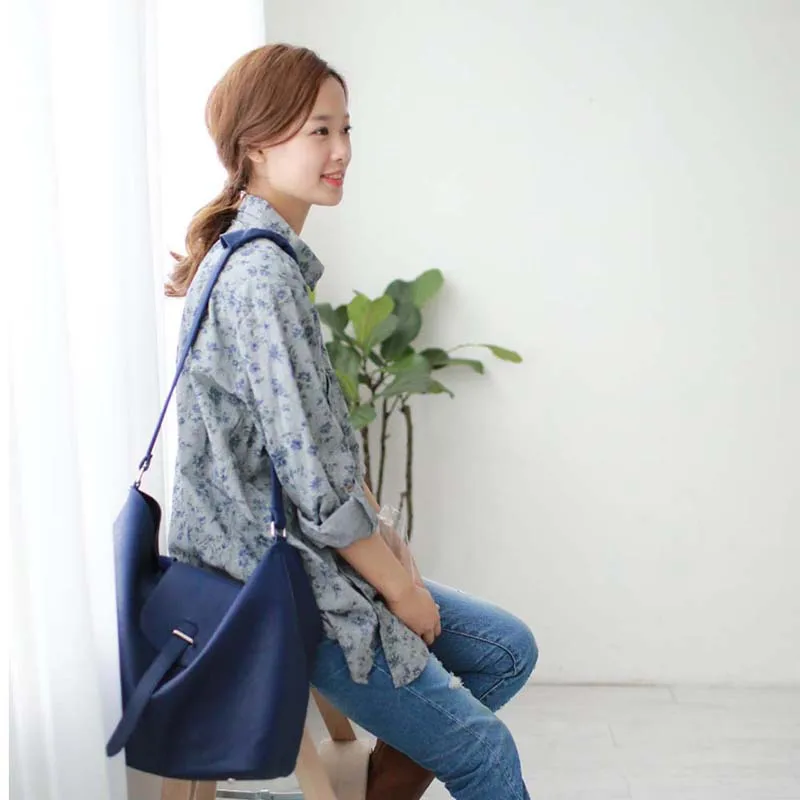 Spring New Women font b Shirt b font Cotton Linen Button White Blue Floral Turn down