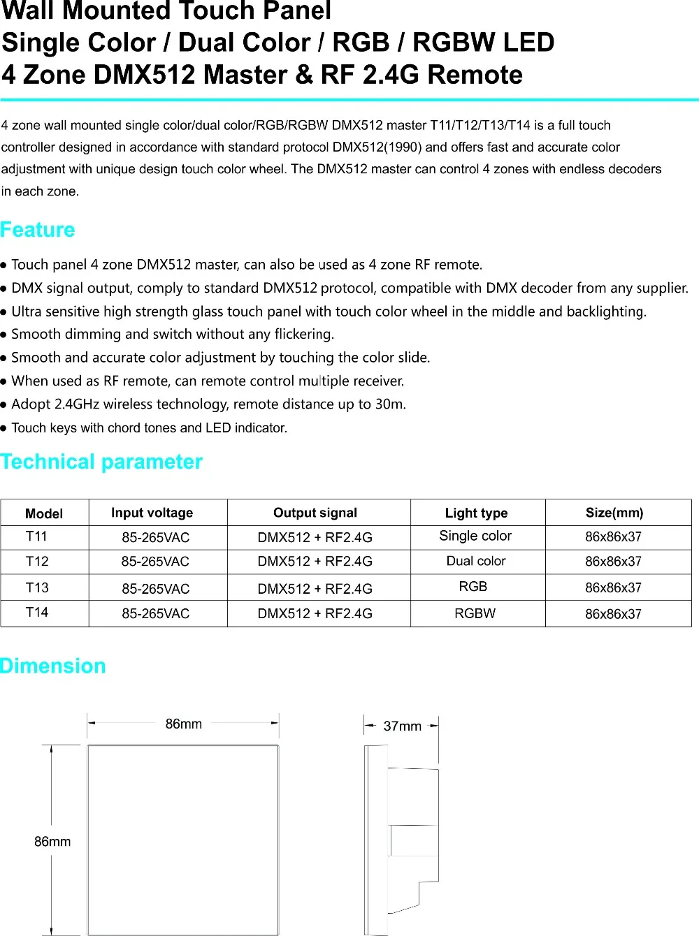 4 зоны DMX512 настенный контроллер переключатель сенсорной панели переключатель RGB RGBW DMX пульт дистанционного управления RF 2,4G пульт дистанционного управления полосы контроллера