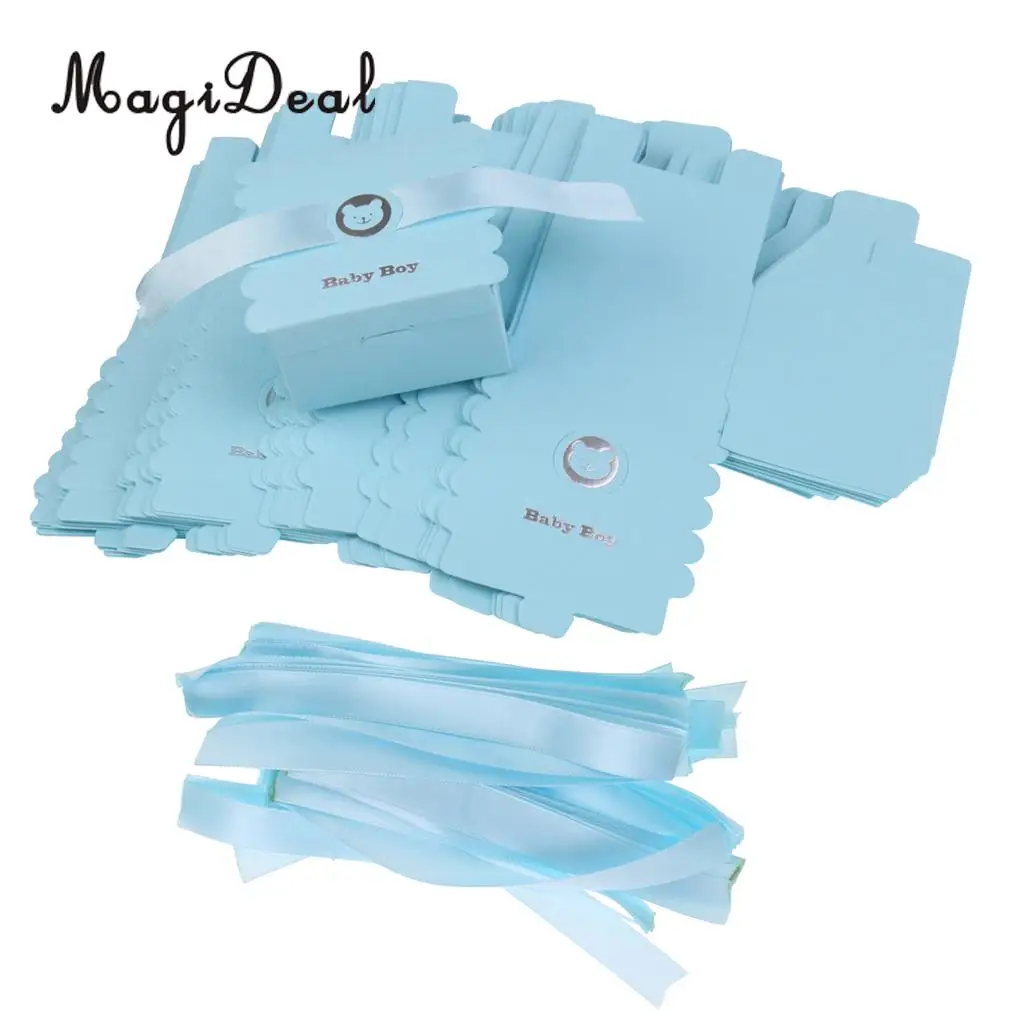 MagiDeal 50 шт. милые бумажные Медвежонок для маленьких мальчиков сладкие коробки для конфет шоколада с атласной лентой для крещения ребенка
