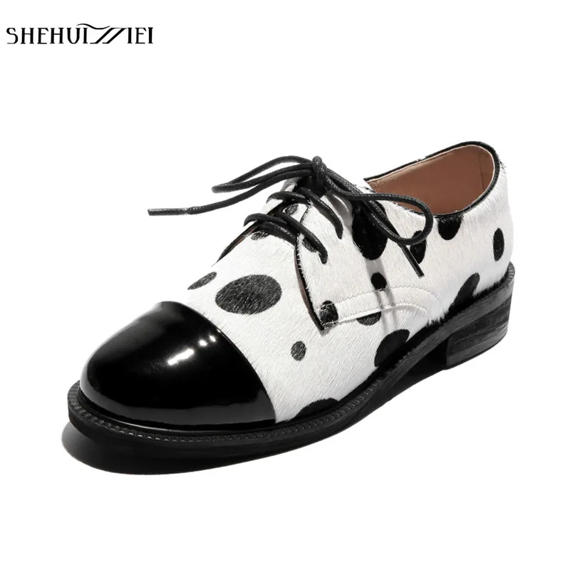 

SHEHUIMEI Genuine Leather Fur Flats 2018 Spring Casual Plus Size 33 - 41 Oxfords Shoes Black Leopard Print Woman Horsehair Flats