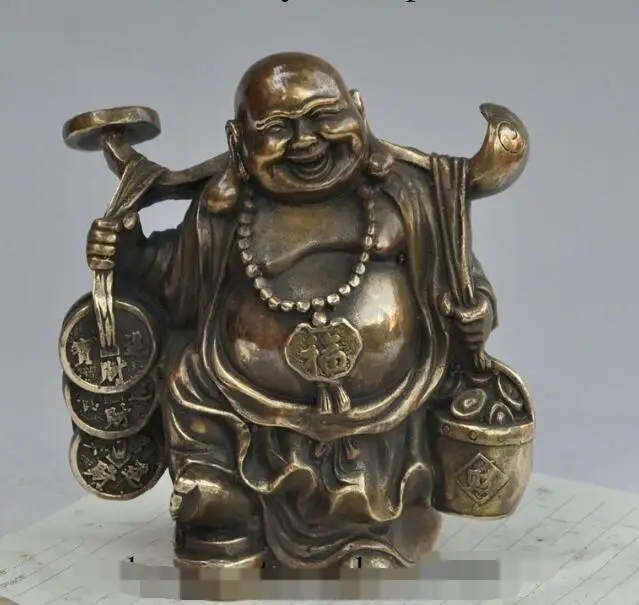 

S04000 7"chinese buddhism bronze wealth money Barrel ruyi haapy Maitreya Buddha statue (B0328)
