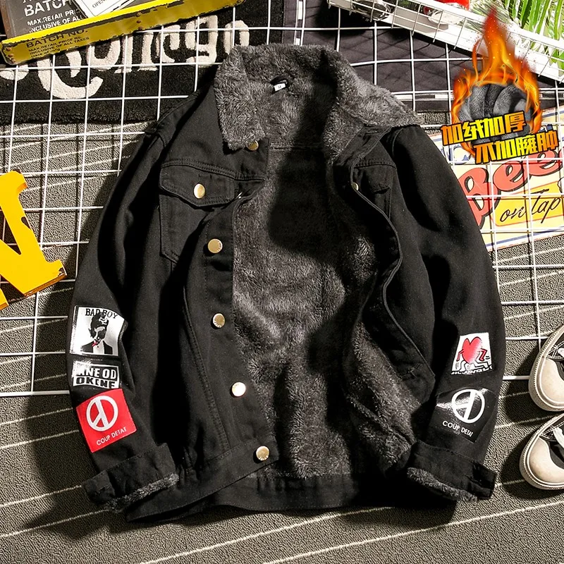 New winter denim jacket for men. Baggy large size coat. Fleece and