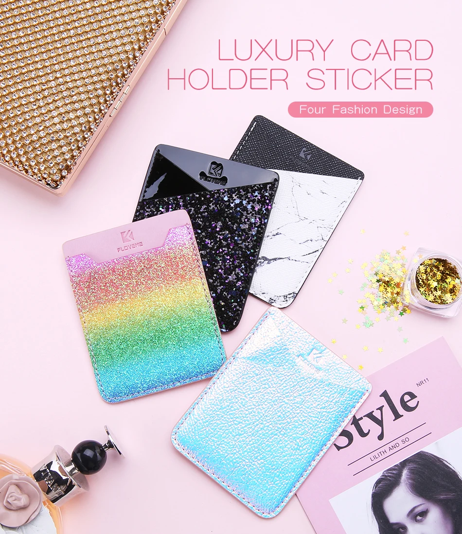 Glitter PU Leather Credit Card Holder Sticker On Phone Case For iPhone X 7 8 Plus Marble Card Pocket For Samsung S9 For Huawei (1)