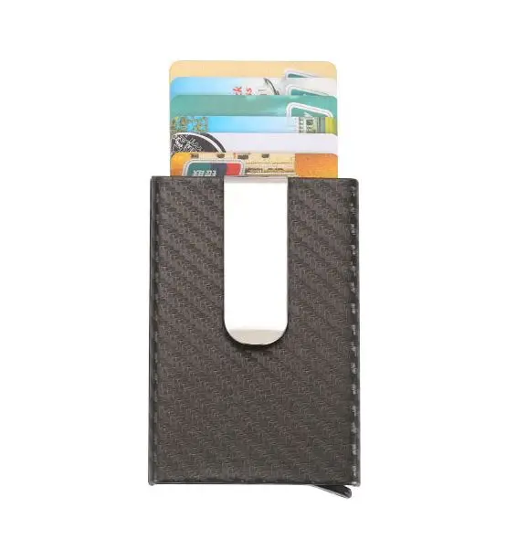 Новинка карбоновое волокно из искусственной кожи ID металлический кредитный держатель для карт автоматический скользящий чехол для карт бизнес Алюминиевый RFID бумажник визитница - Цвет: Gray carbon fiber