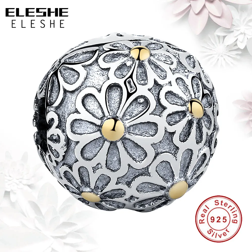 ELESHE New Fashion Real 925 Sterling Silver Daisy Flower Clip Charms Bead Fit Original Bracelet Bangle Authentic Jewelry
