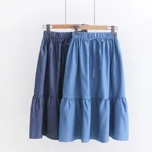 Большие размеры, длинные джинсовые юбки с оборками для женщин, большие размеры, свободная эластичная юбка с высокой талией, синяя однотонная плиссированная джинсовая юбка, женская летняя