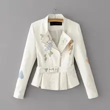 Осенняя Женская куртка с длинными рукавами и вышивкой, приталенный пояс, мотоциклетная куртка, верхняя одежда с воротником под горло, женская одежда