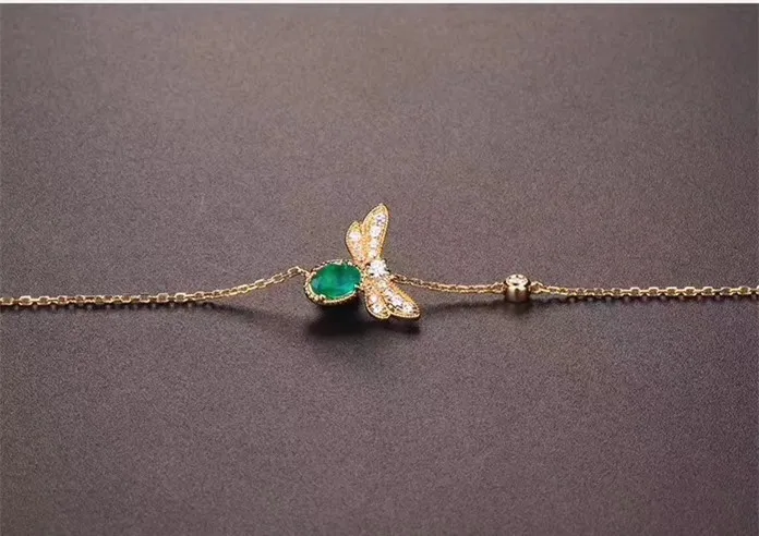Bracelet naturel vert émeraude élégant libellule Bracelet en pierres précieuses naturelles 925 arge