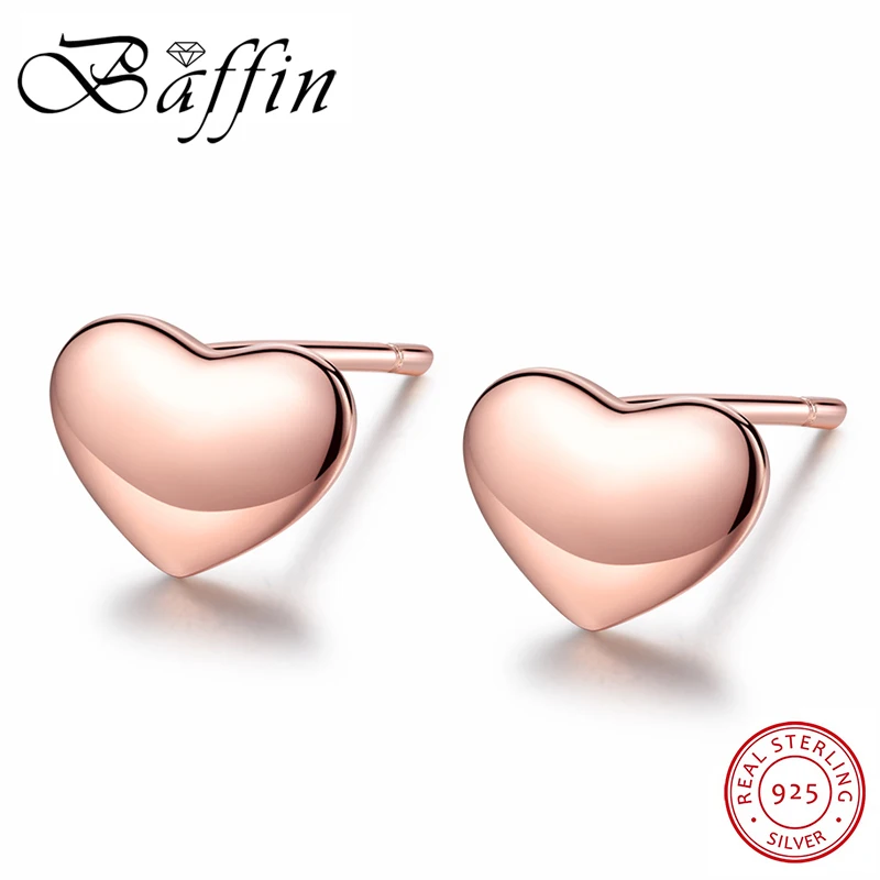 

BAFFIN Simple Fashion Rose Gold Color Heart Stud Earrings Real 925 Sterling Silver Piercing For Women Wedding Party Jewelry