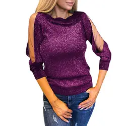 Новая женская модная Однотонная рубашка с длинным рукавом, блестящая сетчатая блузка с круглым вырезом Nov8