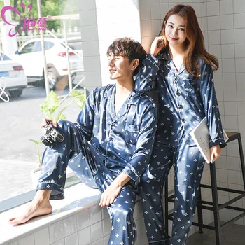 

womens satin silk pajamas bathrobe set sleepwear 2019 spring summer plus size nightwear 2 pieces suit Household blue star
