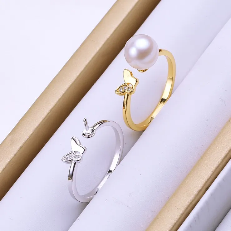 

925 Sterling Silver Pearl Ring Butterfly Finger Ring Adjustable Ring Findings Jewelry Parts Fittings Accessories, 3pcs/lot