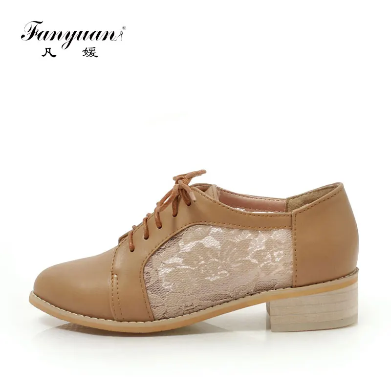 

Fanyuan Spring Lace print Brogue Shoes Solid Women Flats Lace-Up Round Toe Thick bottom Shoes Casual Cross-tied Ladies Shoes