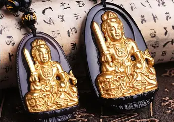 

The opening of obsidian gilded Manjusri Bodhisattva natal Buddha Pendant Necklace female patron man rabbit year of fate