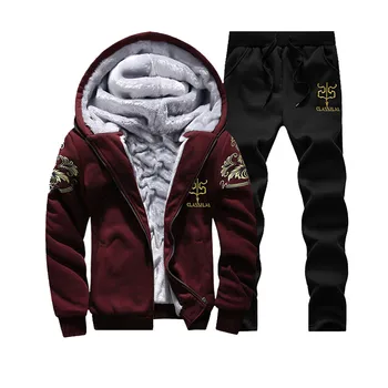 

KLV 2018 hoody men long sleeves Mens Hoodie Winter Warm Fleece Zipper Jacket Outwear Coat Top Pants Sets ST6