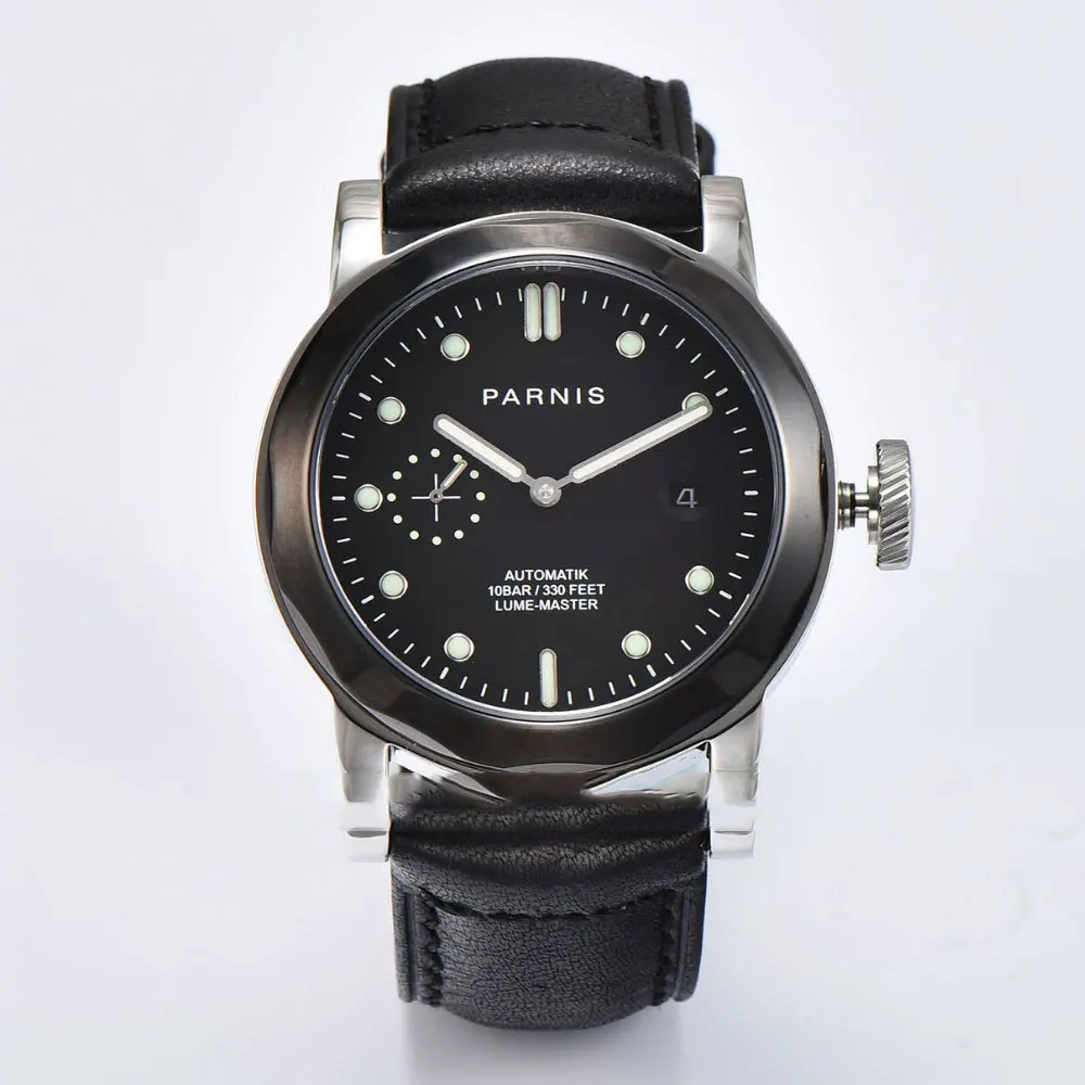 

44mm parnis Black Dial Date Window pvd bezel Leather strap Luminous Marks Automatic Movement Men's Watch
