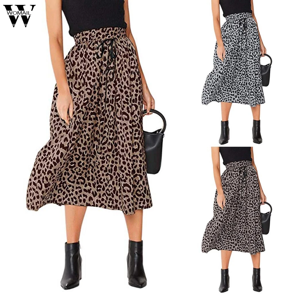 

Womail Skirts Summer Female Elegant A-line Leopard Print Pleated Flared Elastic High Waist Long Skirts Fashion Bohemian M523