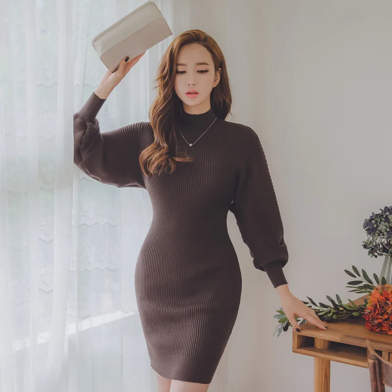 Autumn Slim O-neck Lantern Sleeve Knitted Sweater Dresses Women Casual Warm Hip Packaged Knitwear Fashion Pullover Dress Vestido
