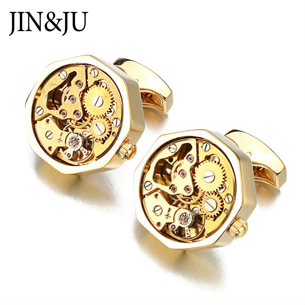 

JIN&JU Hot Sale Functional Watch Movement Cufflinks Stainless Steel Steampunk Gear Watch Mechanism Cuff links for Mens