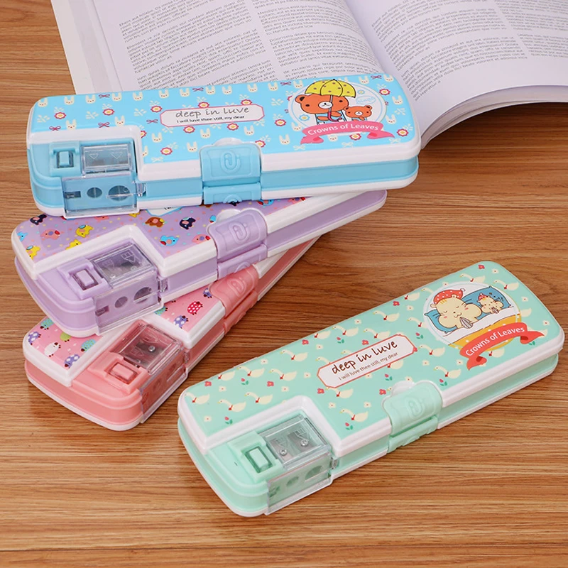 

8 Colors Multifunctional Double Open Door Cartoon Plastic Pencil Case Gel Pen Box with Pencil Sharpener Kids Stationery Storage