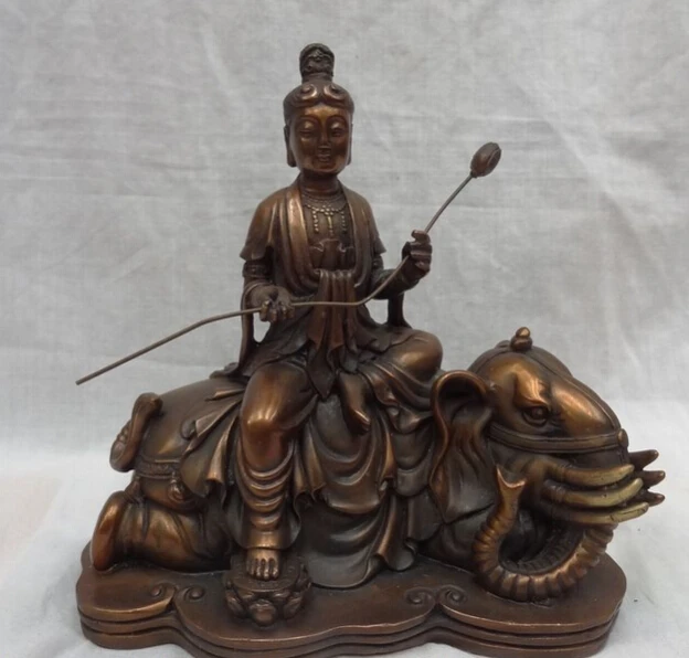 

JP S0608 7" China Bronze Buddhist Lotus Kwan-Yin WenShu Bodhisattva Ride Elephant Statue