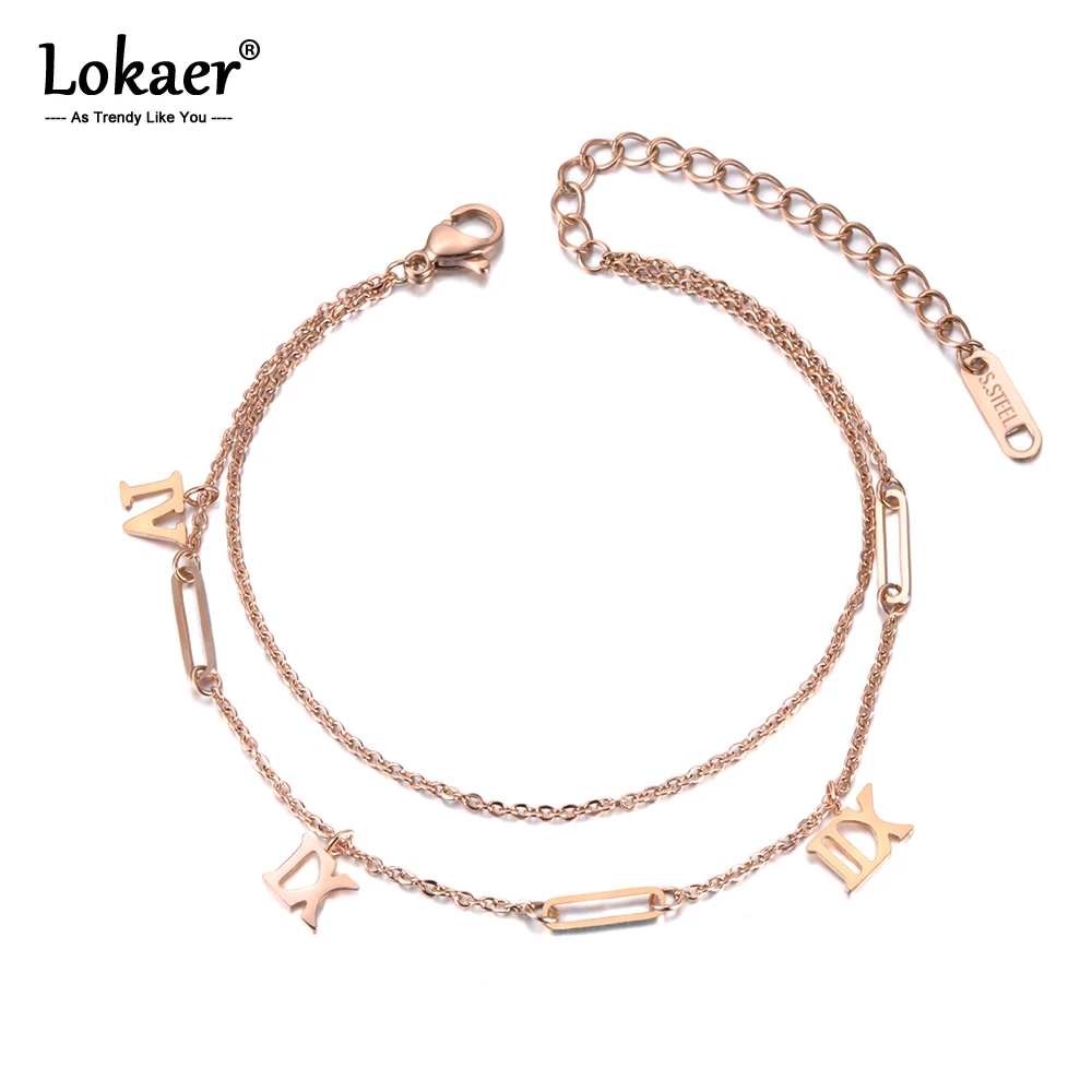 

Lokaer Double Layers Vintage Roman Numerals Charm Bracelet Jewelry Rose Gold Titanium Steel Chain & Link Women's Bracelet B19050