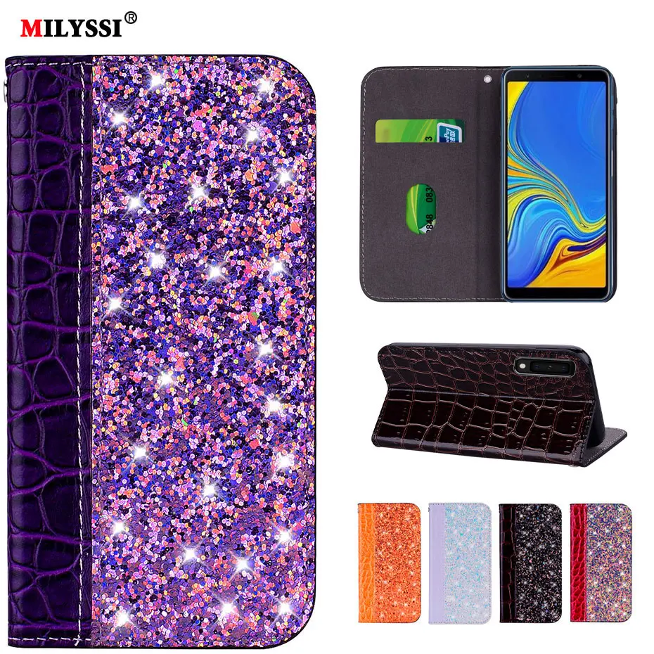 

Glittering PU Leather Flip Wallet Case for Samsung Galaxy A7 2018 A750 Automatic Magnetic Phone Cover for Samsung A7 018 Case