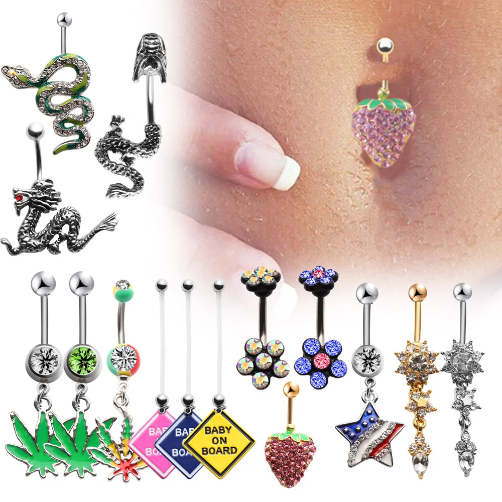 

1 PC Sexy CZ Crystal Dragon Snake Navel Bars Belly Button Rings Dangle Flower Body Navel Piercing Rings Jewelry for Women