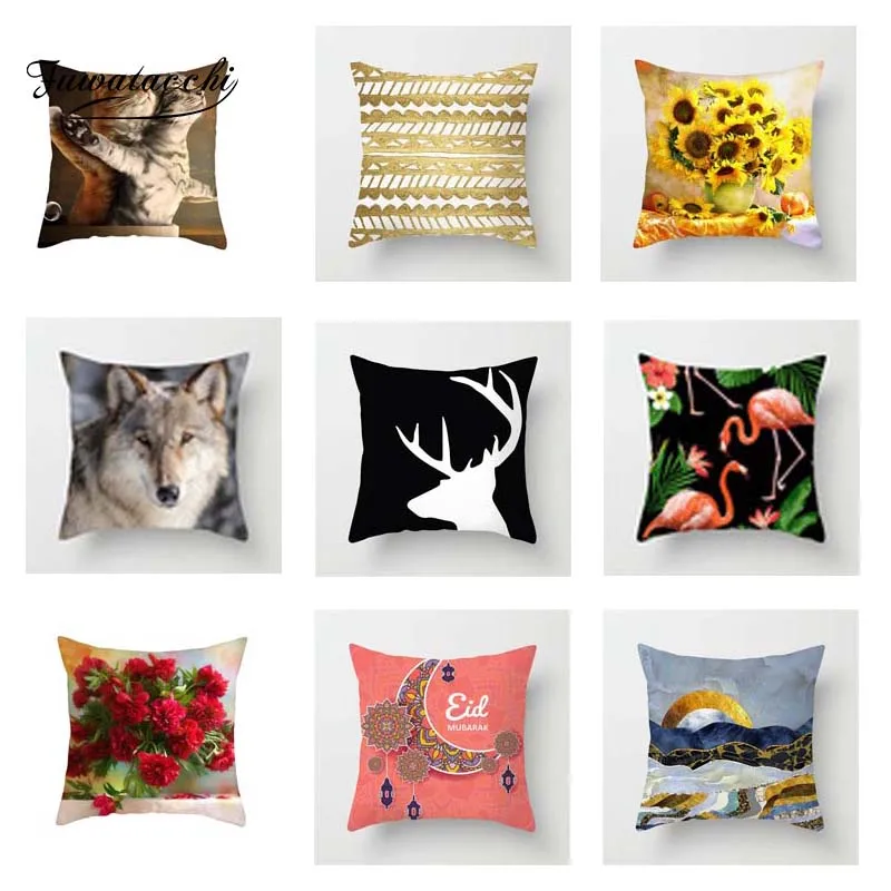 

Fuwatacchi Hot Sale Cushion Cover Cat Flower Throw Pillow Cover Tropical Plant Decorative Pillows For Sofa Deer Wolf Pillowcases