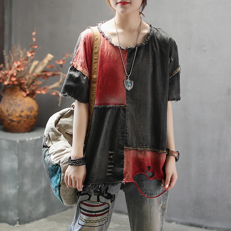 Max LuLu летняя модная Корейская одежда женские топы с дырками женские джинсовые Лоскутные черные футболки винтажные негабаритные футболки
