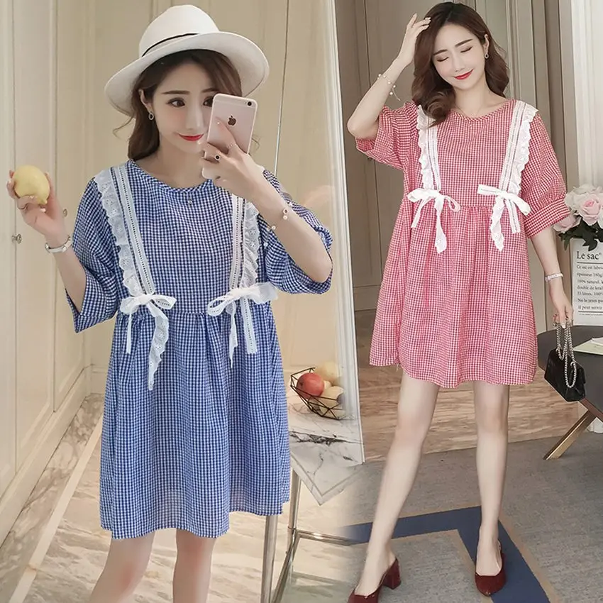 

2019 new fashion maternity dress summer plaid stitching lace loose short-sleeved skirt pregnancy dress