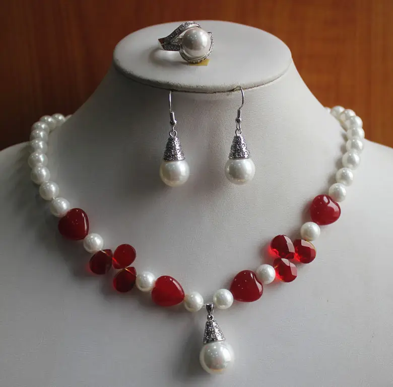 

New Design Women'S White Pearl/Red Jade Necklace Earring Ring(7/8/9)Jewelry Set AAA style 100% Natural jade Noble Fine jewe