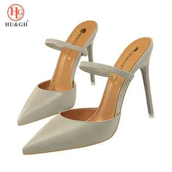 

2019 New Women Pumps bigtree Strap High Heels soft Leather Cut Out Pointy Toe Transparent Sandals Mules Woman Slides Stilettos