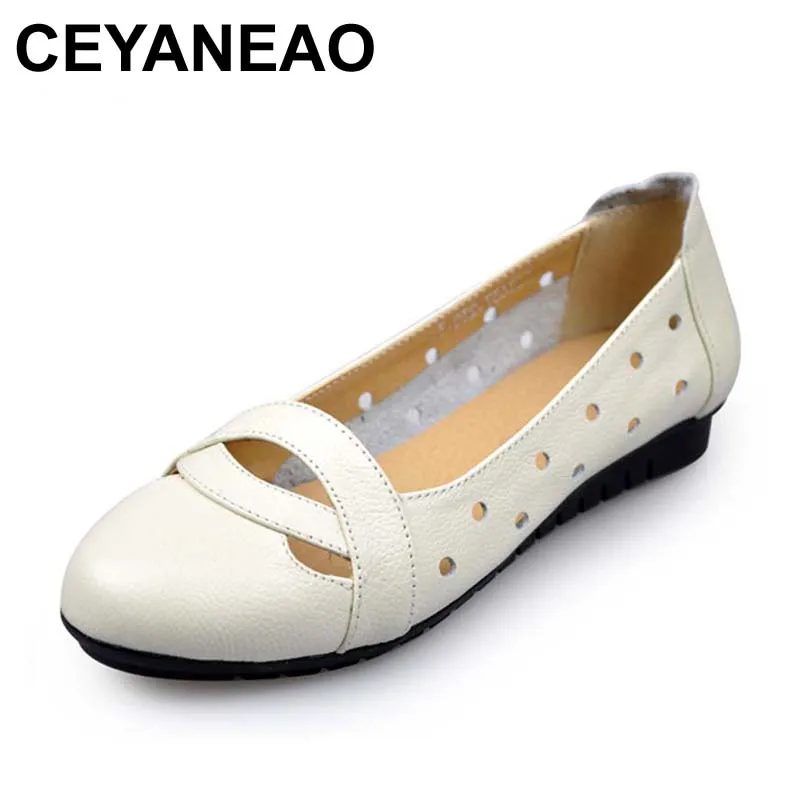 

CEYANEAO Summer Women Flats Genuine Leather Shoes Women Casual Loafers Fretwork Flat Heel Shoes Soft Outsole Breathable Flats