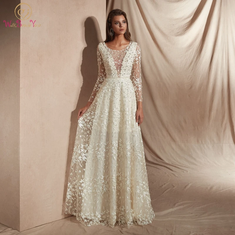 

Ivory Evening Dress 2019 Illusion A Line Three Quarter Tulle Lace Robe Femme Floor Length Sexy New Elegant Evening Prom Gown